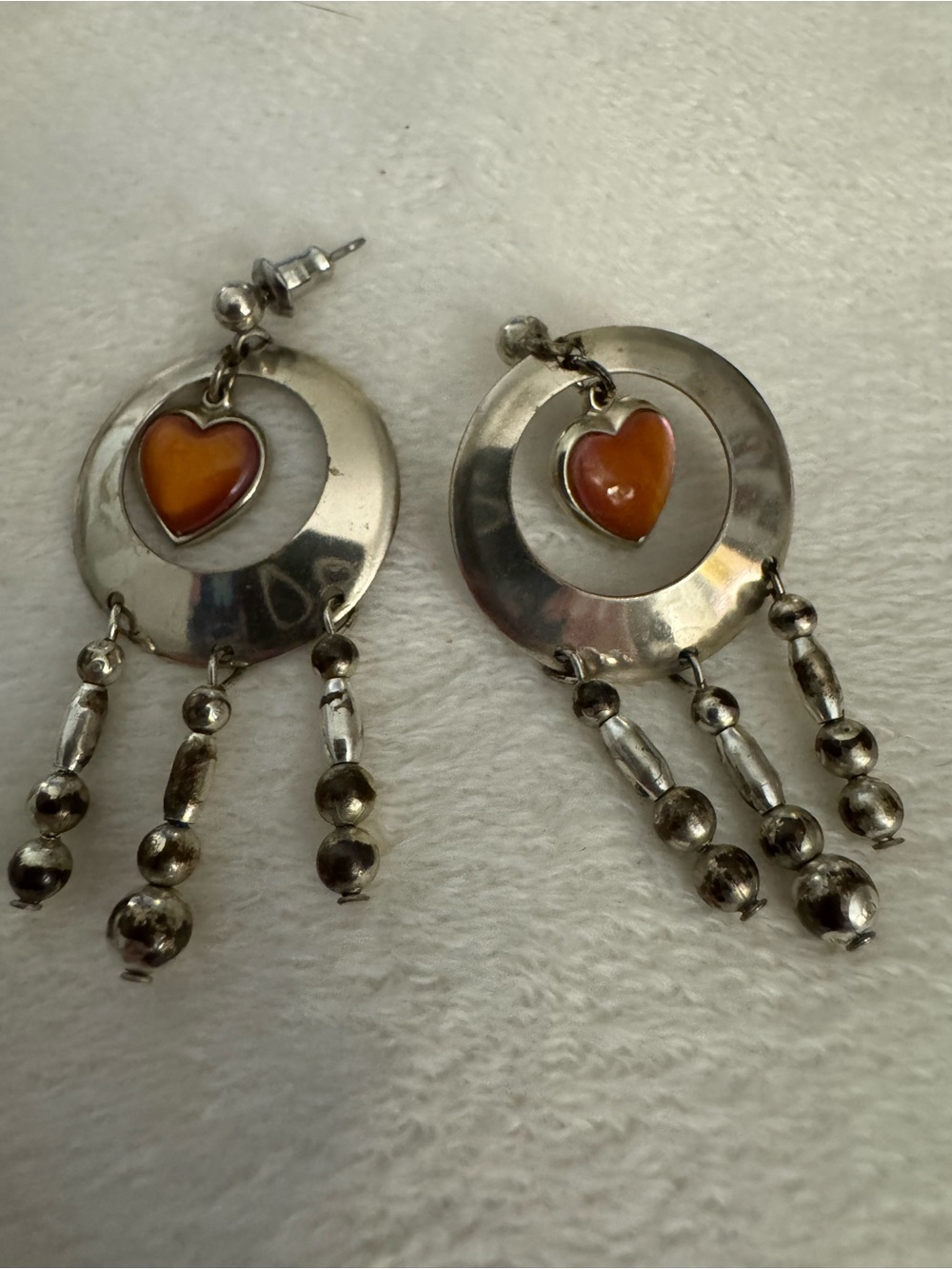 Silver Hoop Dangle Earrings with Orange Heart Accents